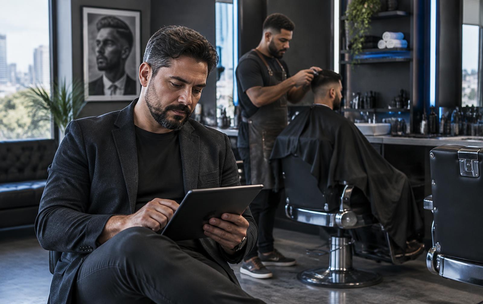 Cliente escolhe um horário de barbearia em uma interface móvel de autoagendamento.